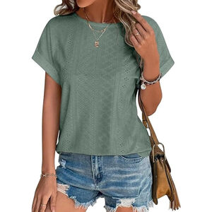 Womens Tops Crewneck Eyelet Embroidery Tops Summer Fall Fashion Clothes Loose